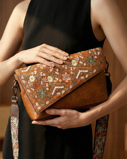 Vintage Floral Embroidered Envelope Crossbody Bag - Asymmetrical Flap