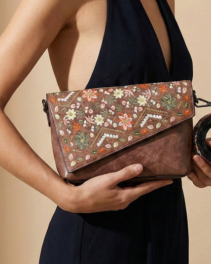 Vintage Floral Embroidered Envelope Crossbody Bag - Asymmetrical Flap