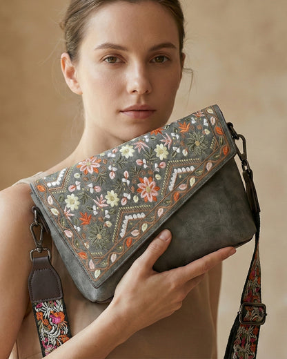 Vintage Floral Embroidered Envelope Crossbody Bag - Asymmetrical Flap