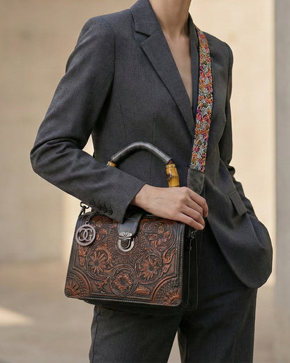 Embossed Floral Artisanal Bamboo Handle Luxury Satchel Bag