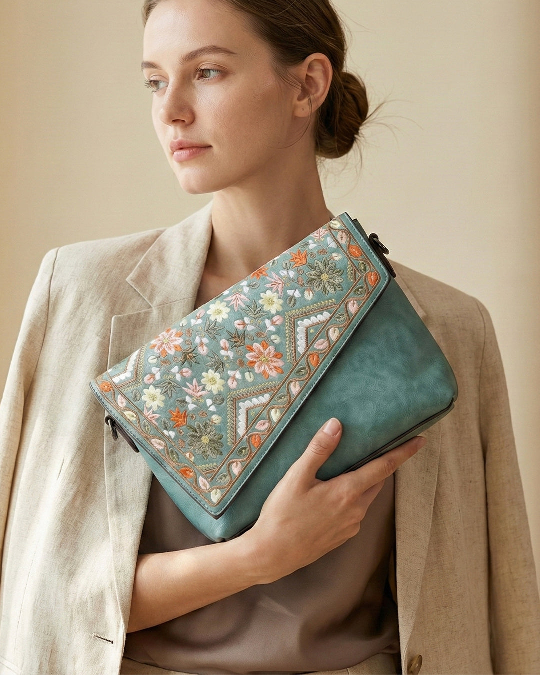 Vintage Floral Embroidered Envelope Crossbody Bag - Asymmetrical Flap