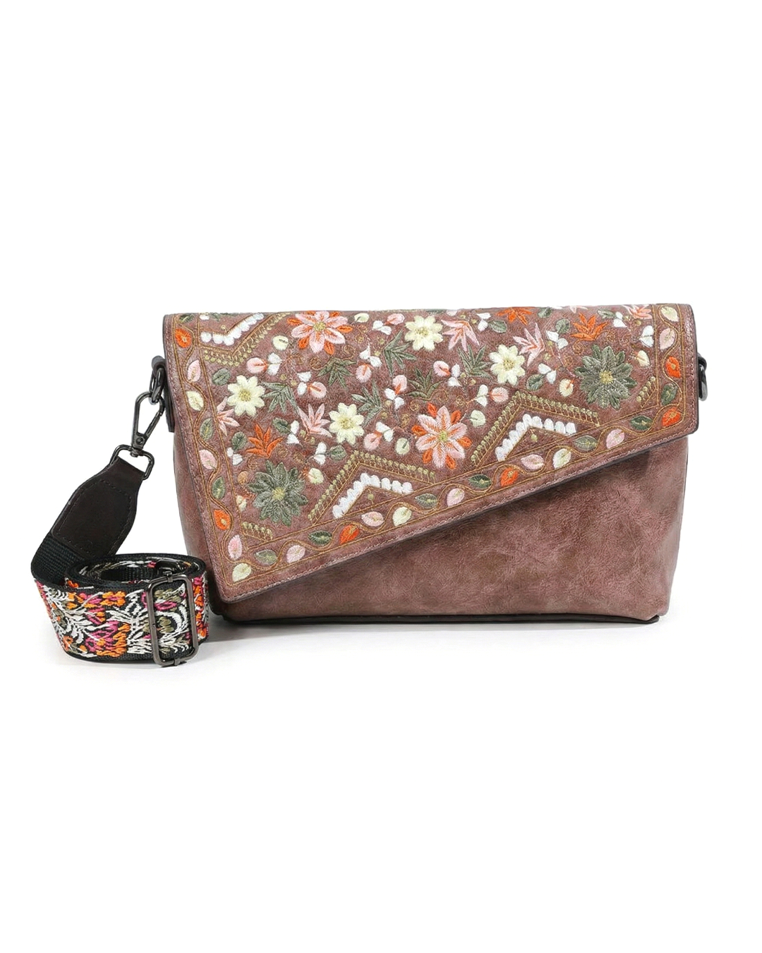 Vintage Floral Embroidered Envelope Crossbody Bag - Asymmetrical Flap