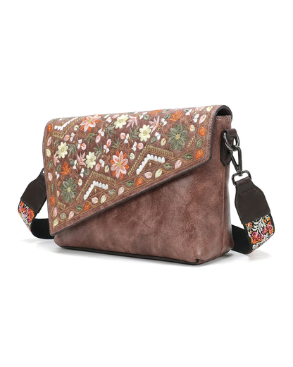 Vintage Floral Embroidered Envelope Crossbody Bag - Asymmetrical Flap