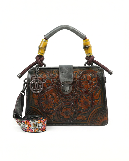 Embossed Floral Artisanal Bamboo Handle Luxury Satchel Bag