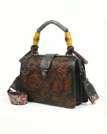 Embossed Floral Artisanal Bamboo Handle Luxury Satchel Bag