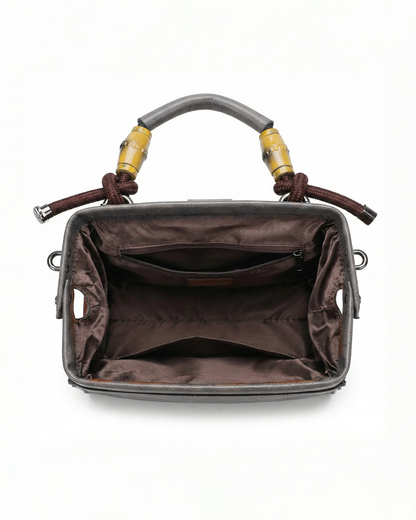 Embossed Floral Artisanal Bamboo Handle Luxury Satchel Bag