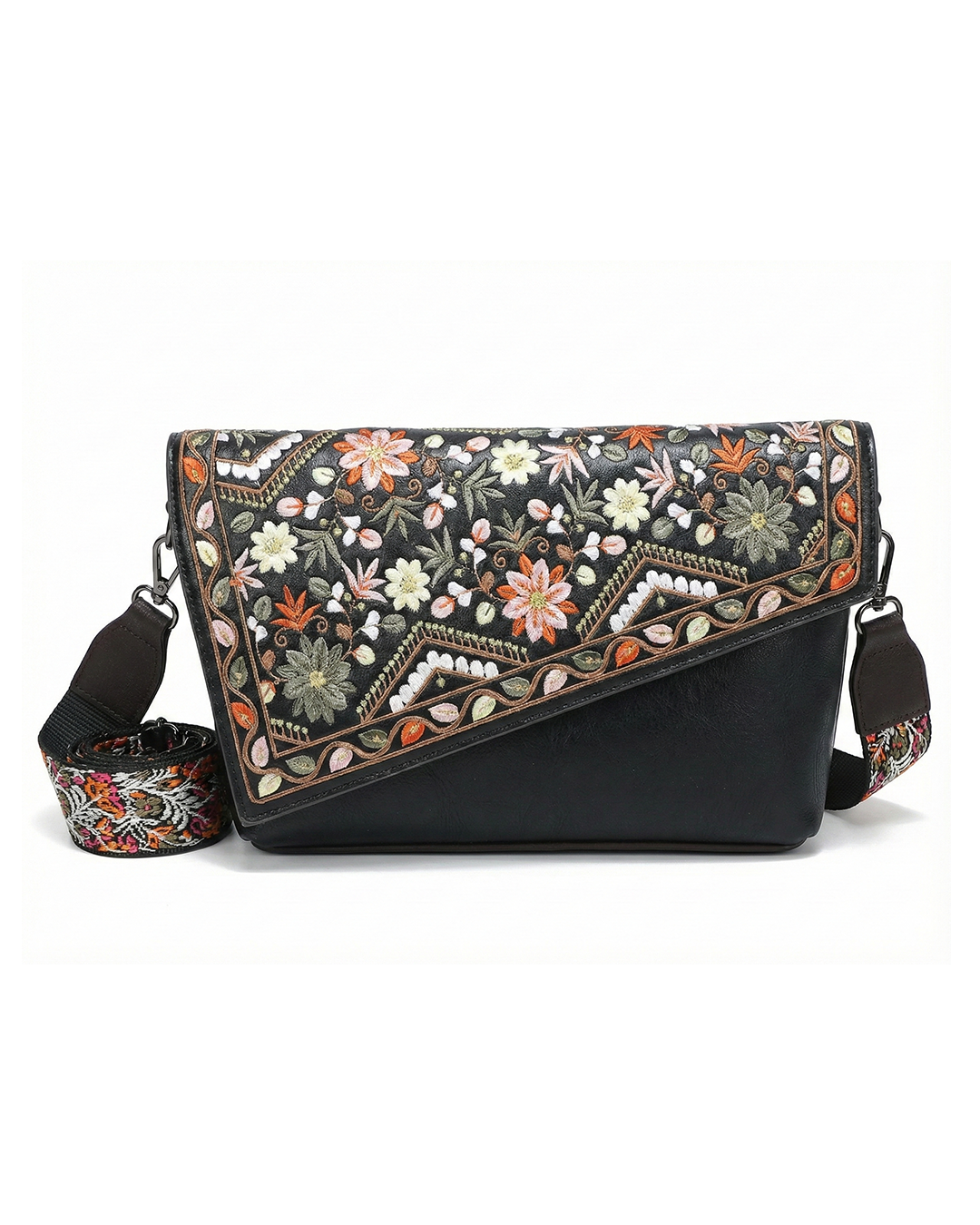 Vintage Floral Embroidered Envelope Crossbody Bag - Asymmetrical Flap