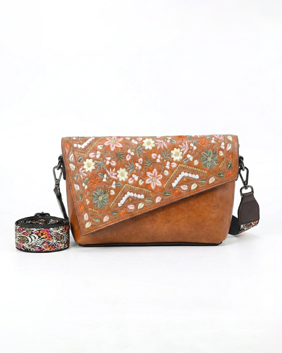 Vintage Floral Embroidered Envelope Crossbody Bag - Asymmetrical Flap