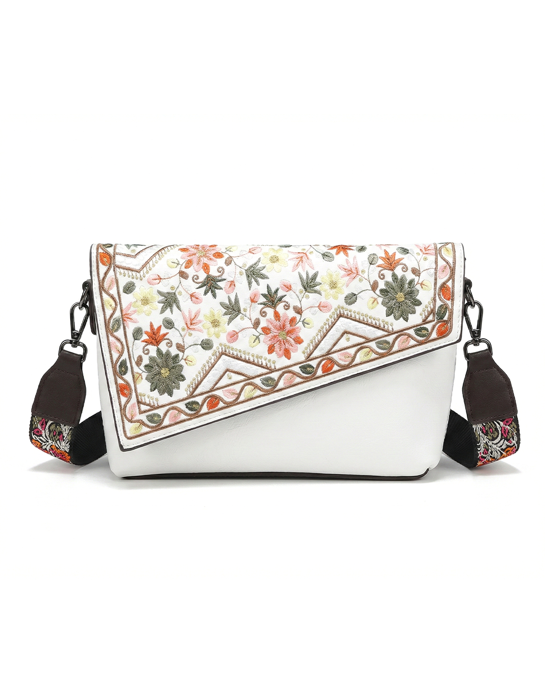 Vintage Floral Embroidered Envelope Crossbody Bag - Asymmetrical Flap