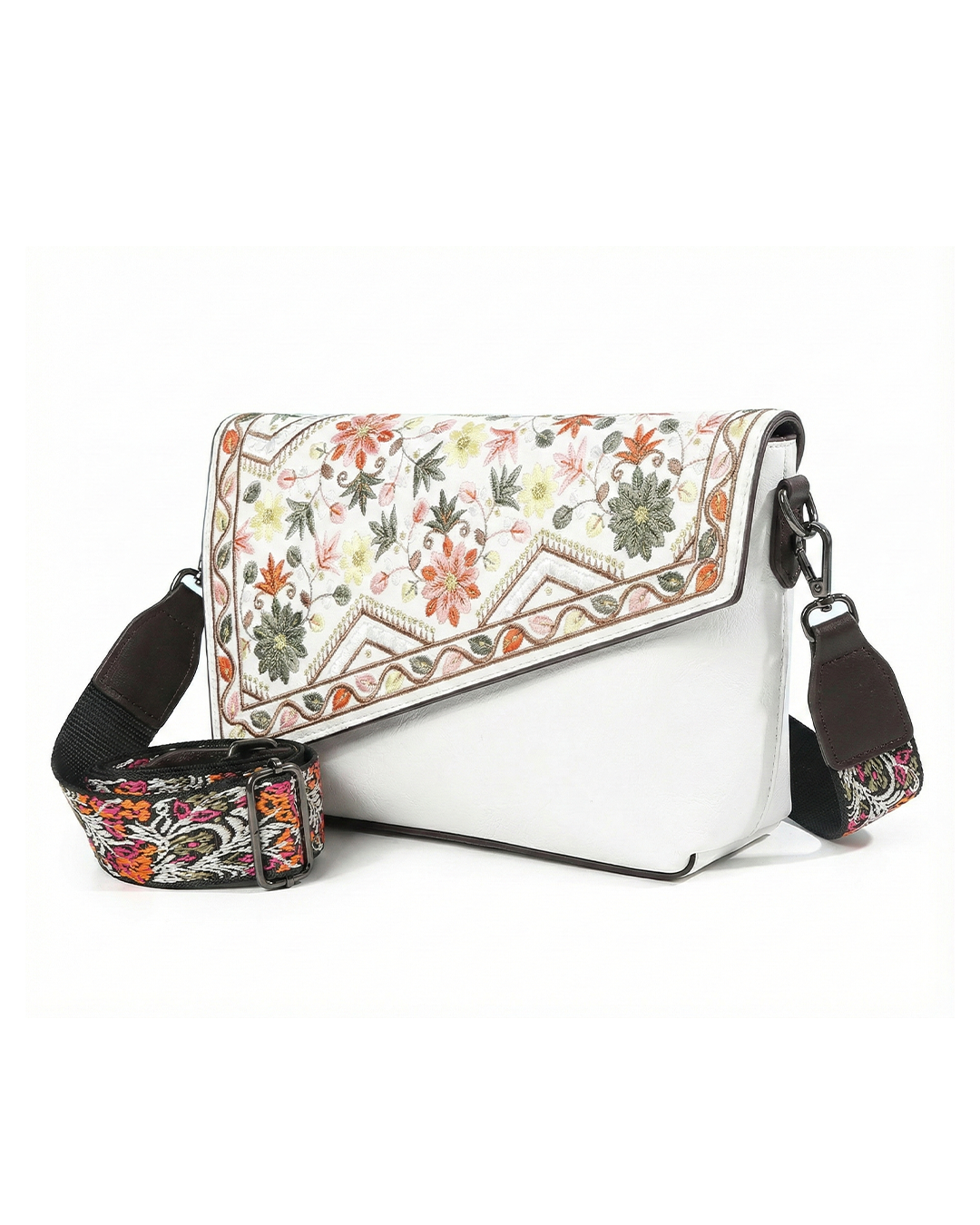 Vintage Floral Embroidered Envelope Crossbody Bag - Asymmetrical Flap