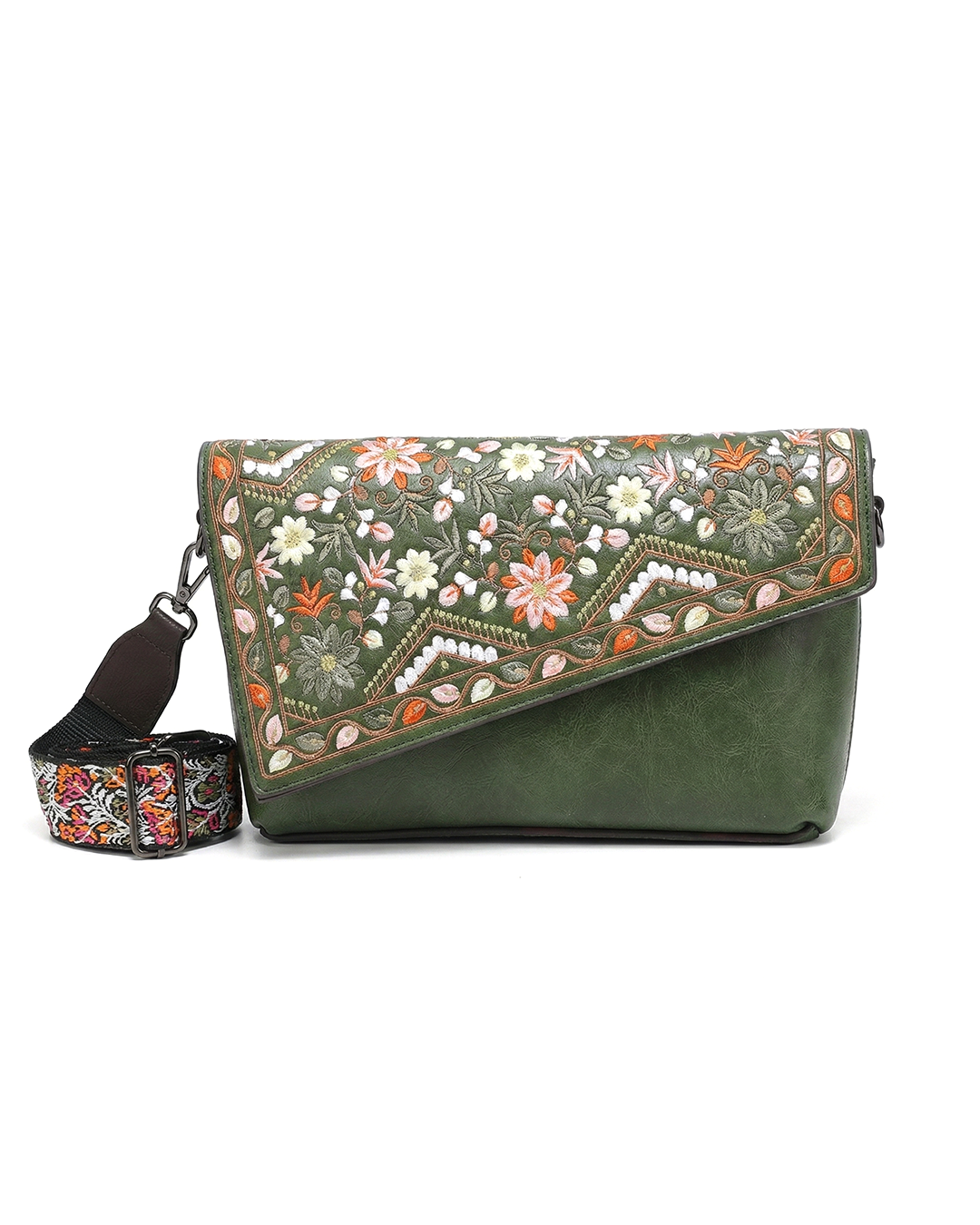 Vintage Floral Embroidered Envelope Crossbody Bag - Asymmetrical Flap