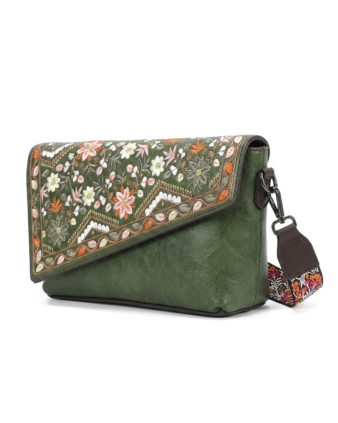Vintage Floral Embroidered Envelope Crossbody Bag - Asymmetrical Flap