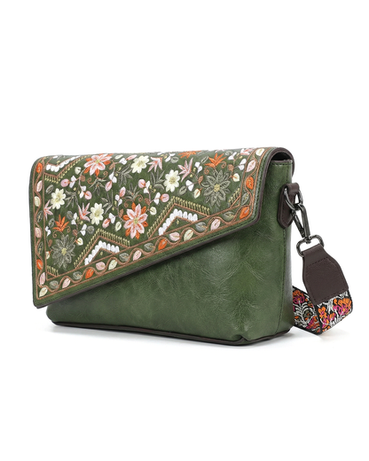 Vintage Floral Embroidered Envelope Crossbody Bag - Asymmetrical Flap