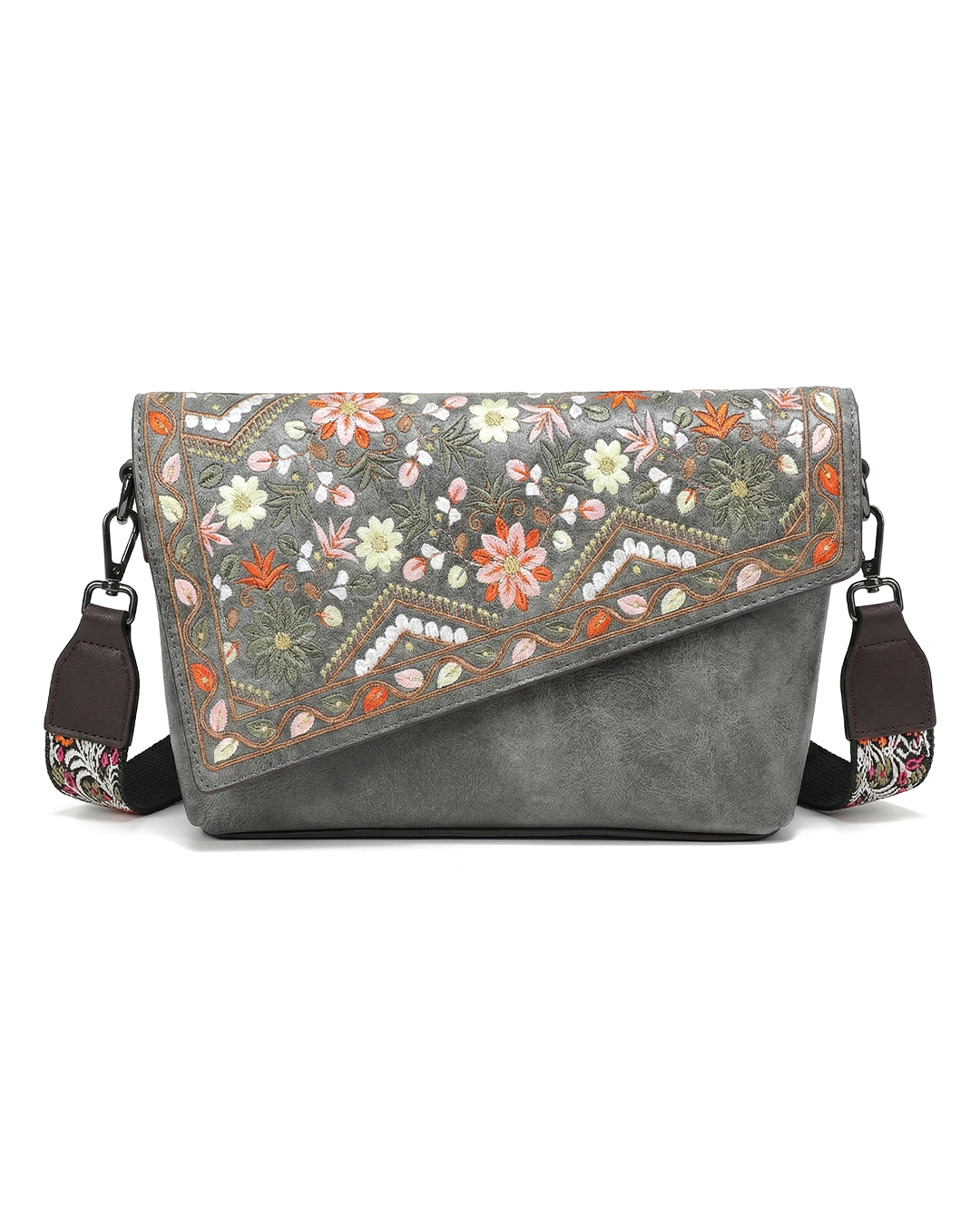 Vintage Floral Embroidered Envelope Crossbody Bag - Asymmetrical Flap