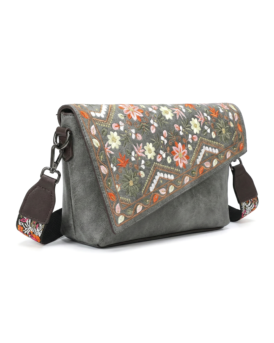 Vintage Floral Embroidered Envelope Crossbody Bag - Asymmetrical Flap