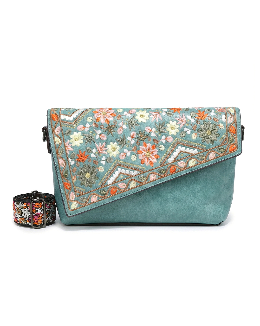 Vintage Floral Embroidered Envelope Crossbody Bag - Asymmetrical Flap