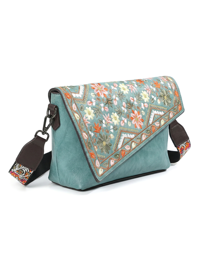 Vintage Floral Embroidered Envelope Crossbody Bag - Asymmetrical Flap