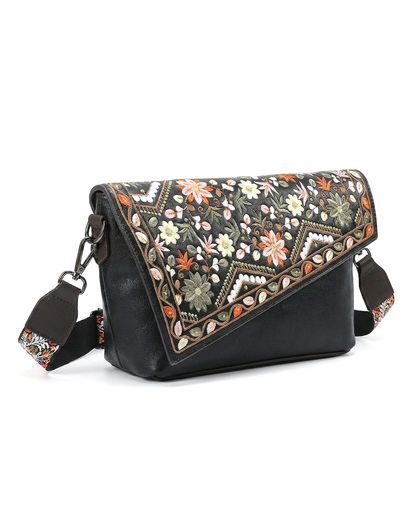 Vintage Floral Embroidered Envelope Crossbody Bag - Asymmetrical Flap