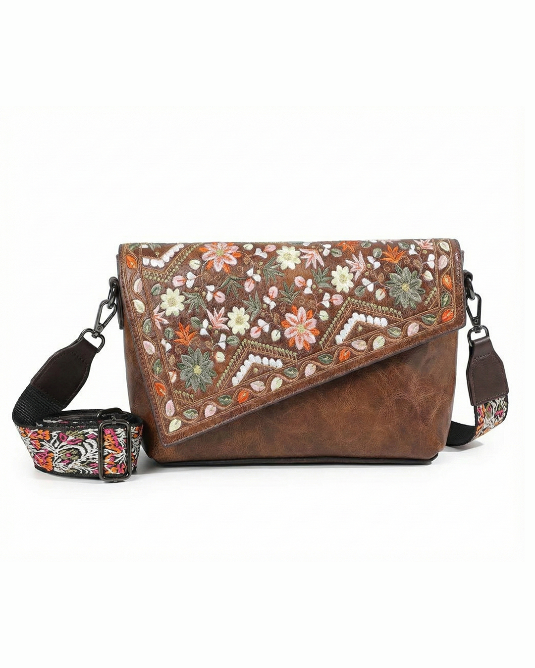 Vintage Floral Embroidered Envelope Crossbody Bag - Asymmetrical Flap