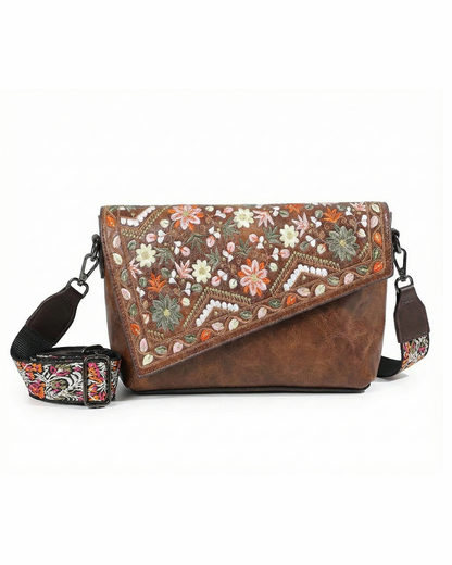 Vintage Floral Embroidered Envelope Crossbody Bag - Asymmetrical Flap