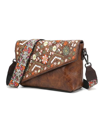 Vintage Floral Embroidered Envelope Crossbody Bag - Asymmetrical Flap
