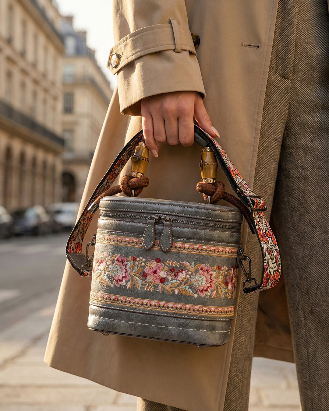Luxe Floral Embroidered Bucket  Bag