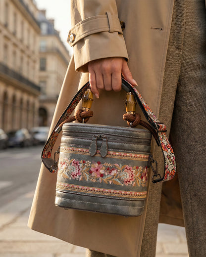 Luxe Floral Embroidered Bucket  Bag