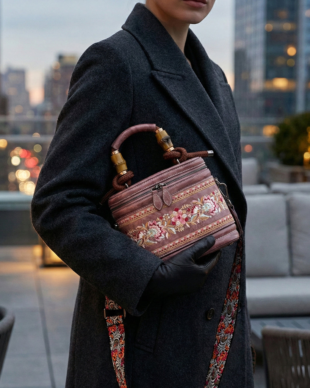 Luxe Floral Embroidered Bucket  Bag