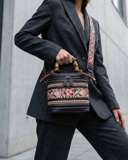 Luxe Floral Embroidered Bucket  Bag