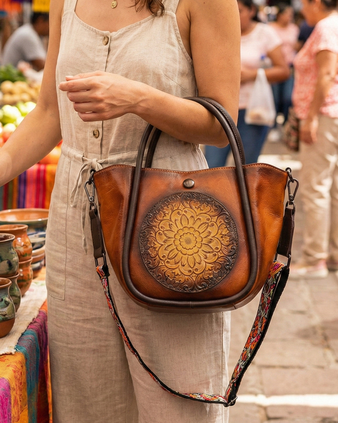 Artisanal Burnished Floral Medallion Bag