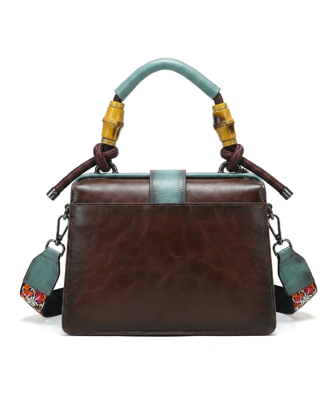 Embossed Floral Artisanal Bamboo Handle Luxury Satchel Bag