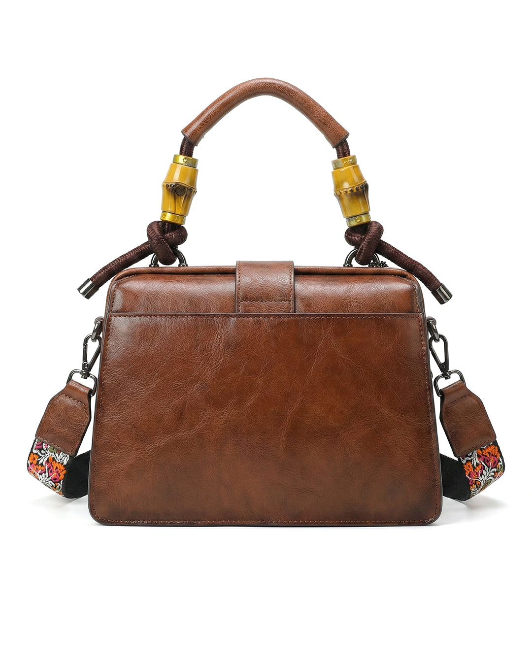 Embossed Floral Artisanal Bamboo Handle Luxury Satchel Bag
