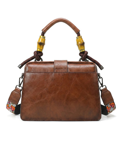 Embossed Floral Artisanal Bamboo Handle Luxury Satchel Bag