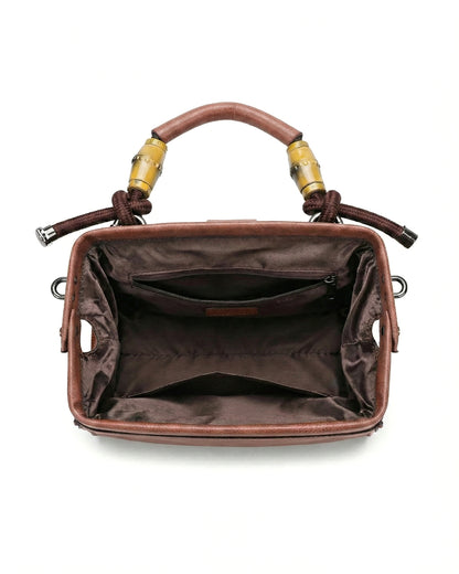 Embossed Floral Artisanal Bamboo Handle Luxury Satchel Bag
