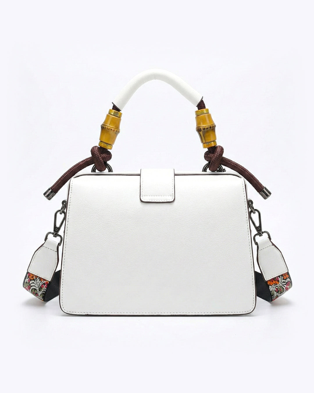 Embossed Floral Artisanal Bamboo Handle Luxury Satchel Bag
