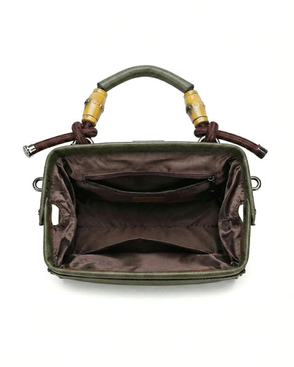 Embossed Floral Artisanal Bamboo Handle Luxury Satchel Bag
