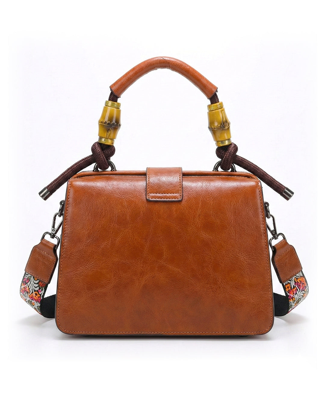 Embossed Floral Artisanal Bamboo Handle Luxury Satchel Bag