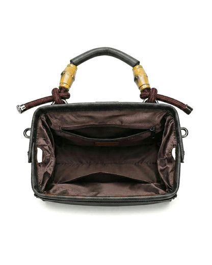 Embossed Floral Artisanal Bamboo Handle Luxury Satchel Bag
