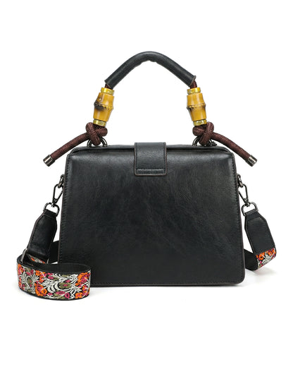 Embossed Floral Artisanal Bamboo Handle Luxury Satchel Bag