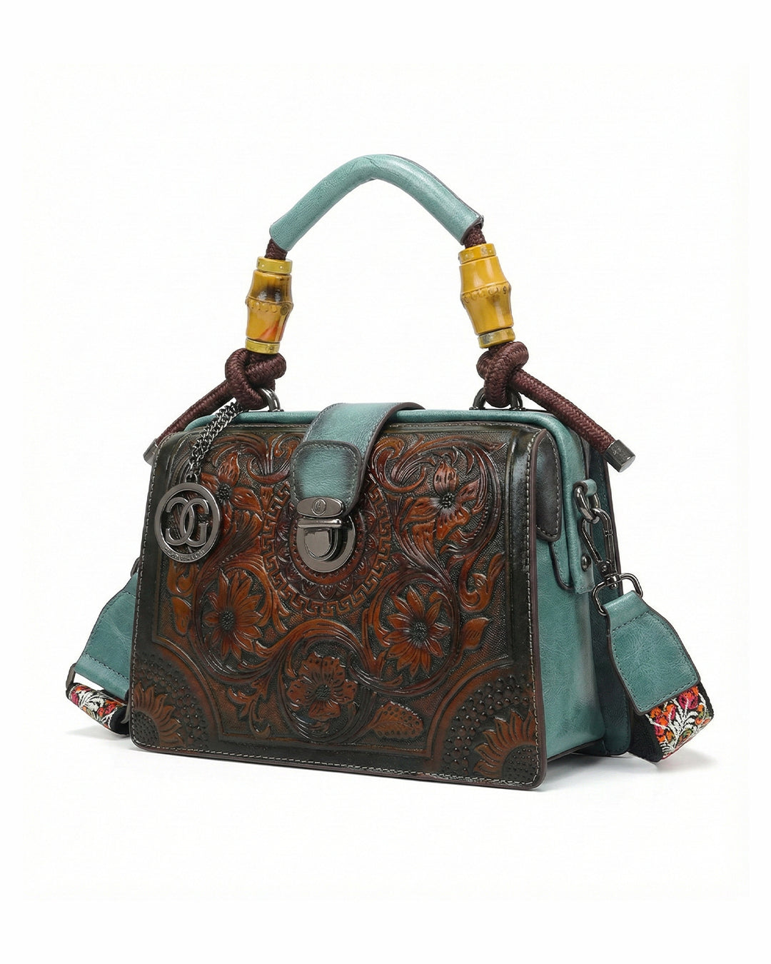 Embossed Floral Artisanal Bamboo Handle Luxury Satchel Bag