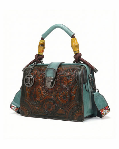 Embossed Floral Artisanal Bamboo Handle Luxury Satchel Bag