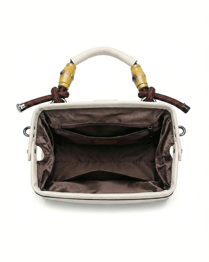 Embossed Floral Artisanal Bamboo Handle Luxury Satchel Bag