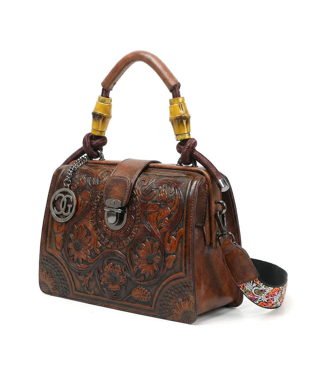 Embossed Floral Artisanal Bamboo Handle Luxury Satchel Bag