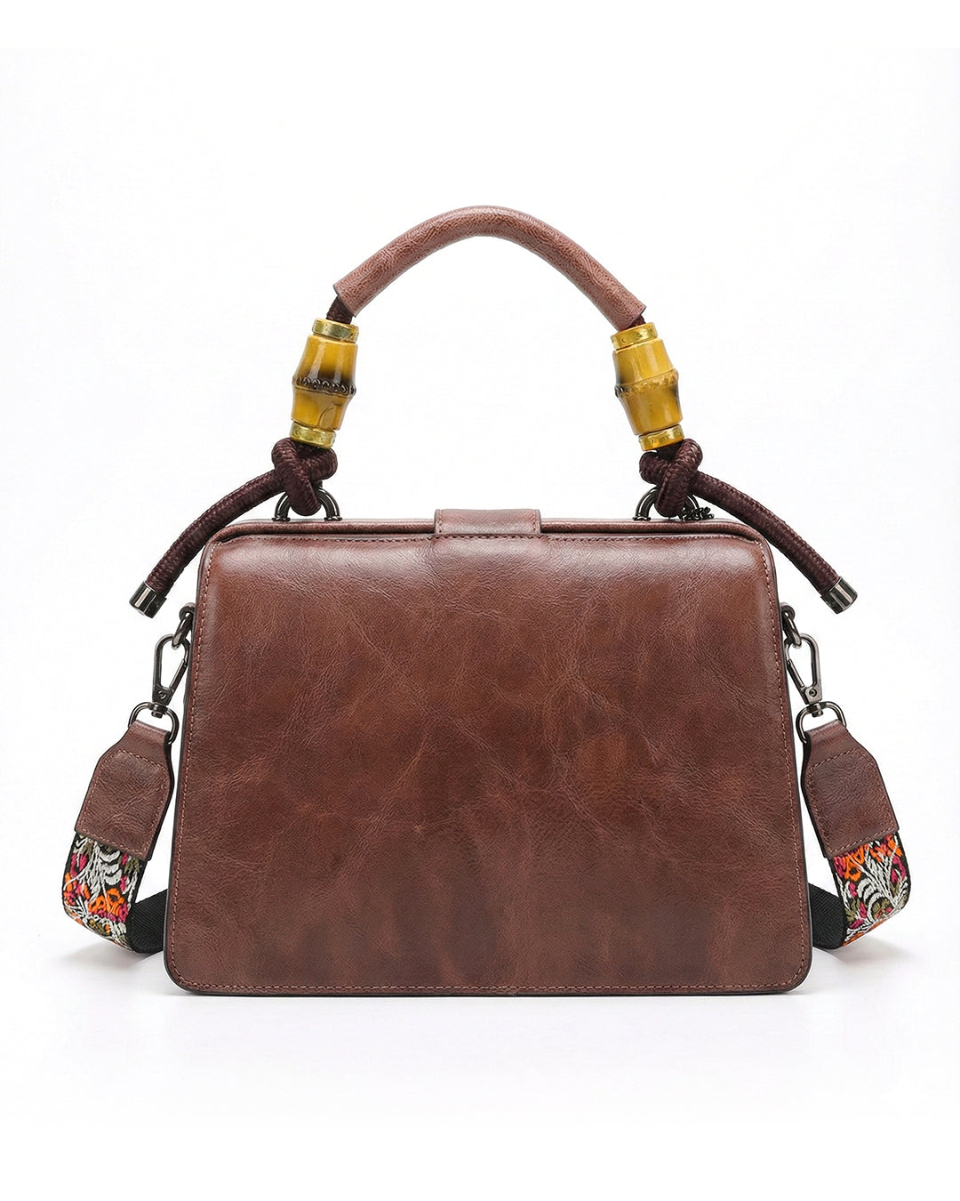 Embossed Floral Artisanal Bamboo Handle Luxury Satchel Bag