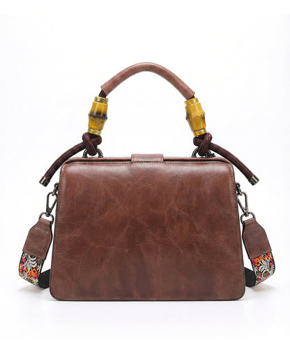 Embossed Floral Artisanal Bamboo Handle Luxury Satchel Bag