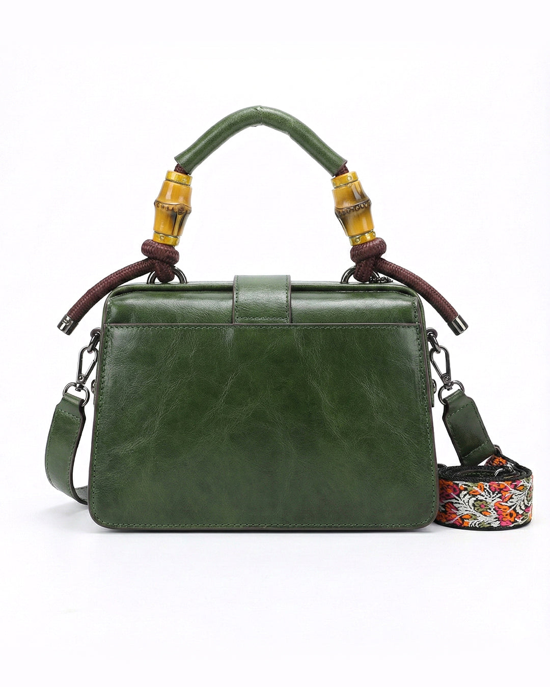 Embossed Floral Artisanal Bamboo Handle Luxury Satchel Bag