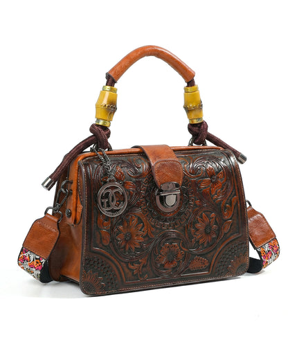 Embossed Floral Artisanal Bamboo Handle Luxury Satchel Bag