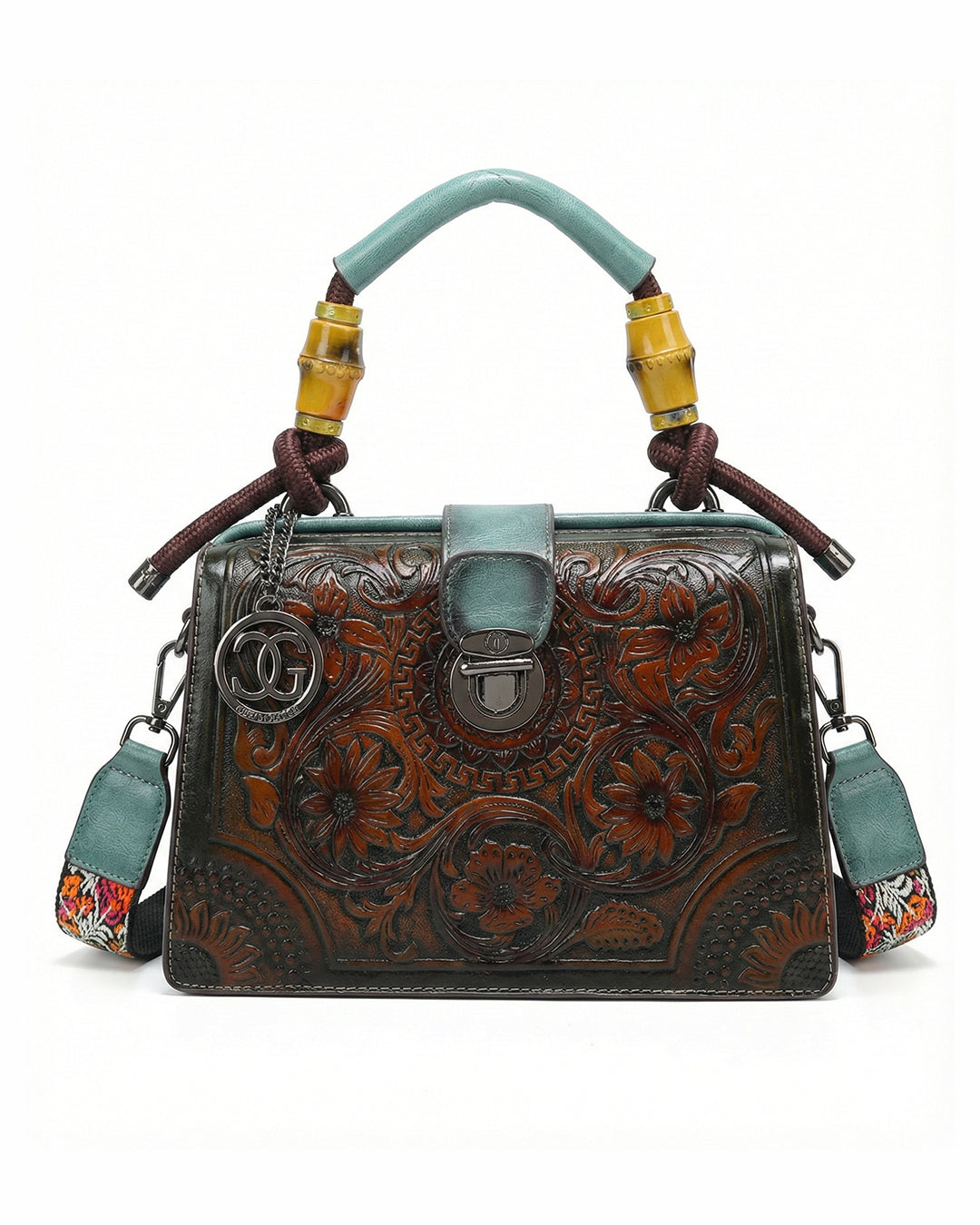 Embossed Floral Artisanal Bamboo Handle Luxury Satchel Bag