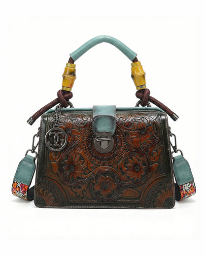 Embossed Floral Artisanal Bamboo Handle Luxury Satchel Bag