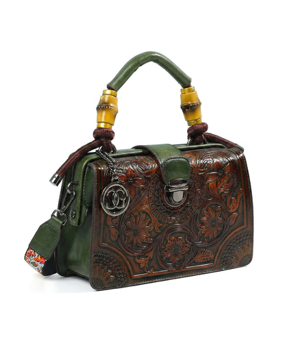Embossed Floral Artisanal Bamboo Handle Luxury Satchel Bag